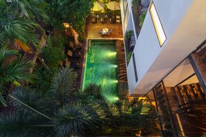 A rooftop pool with surrounding greenery and a seating area. - King Rock Boutique Hotel (Siem Reap)
