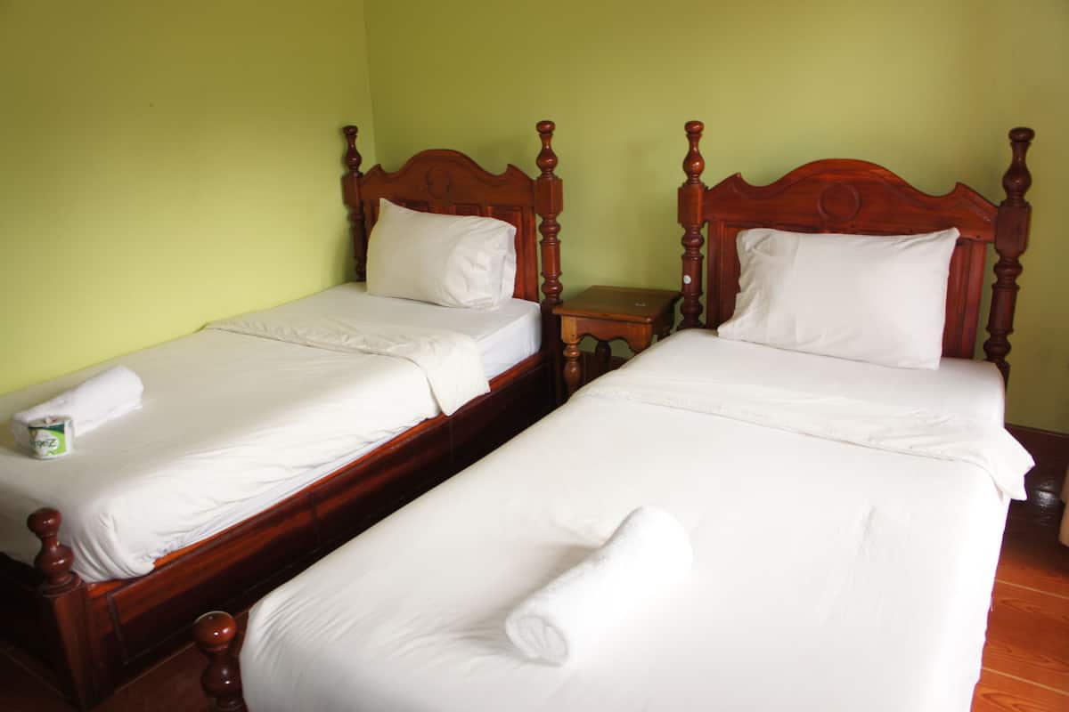 Two wooden beds with white linens and pillows, a small bedside table, and a green wall.