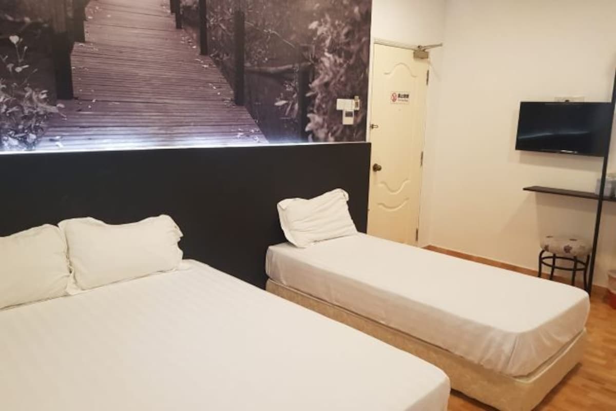A hotel room with two beds, a television on the wall, and a poster of a forest pathway.