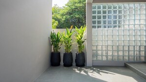 A corner with three potted plants, a tiled floor, and a window with a view of greenery. - The Regent Studio Kamala (Kamala)