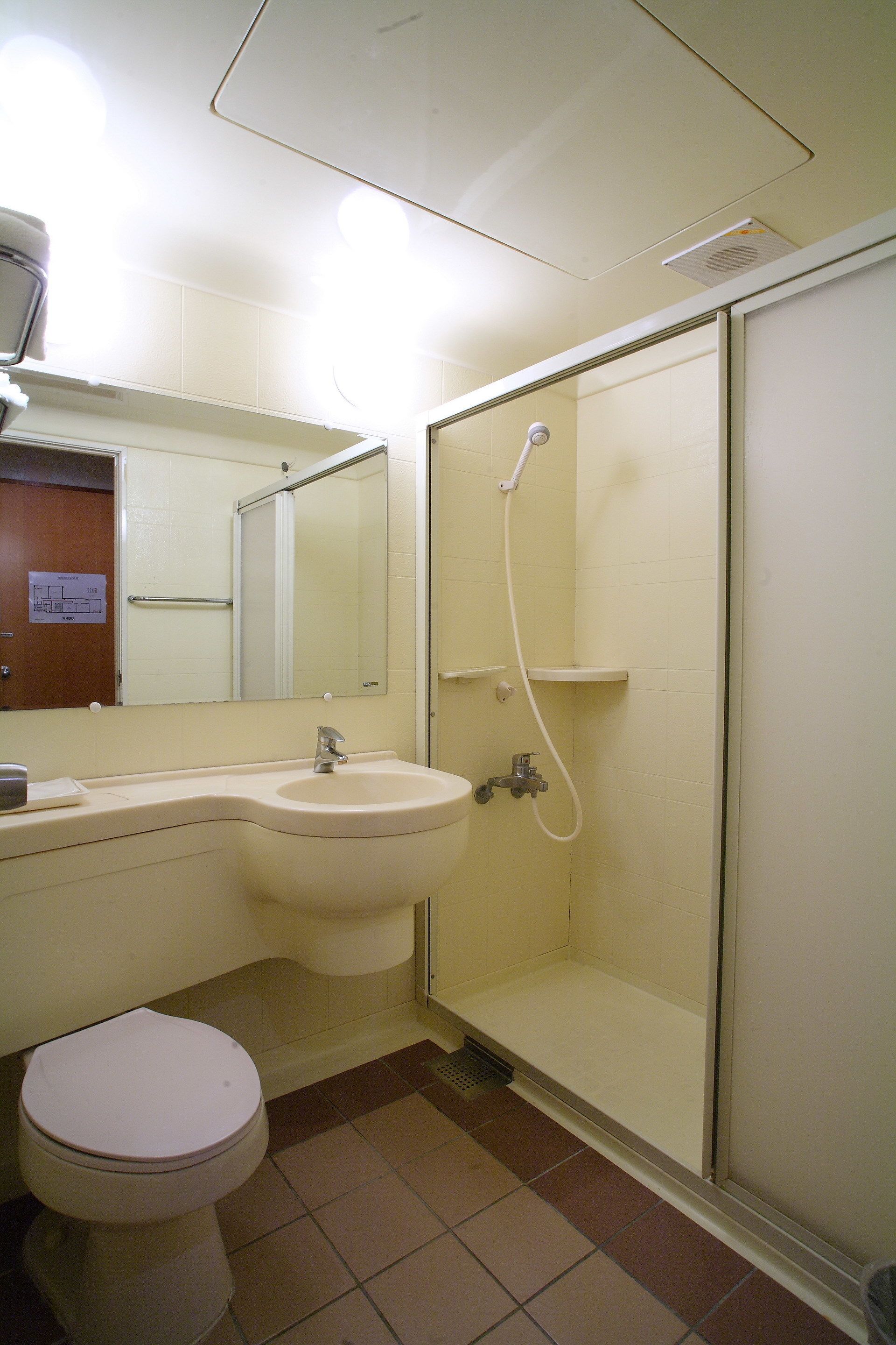 Un baño con lavamanos, espejo, inodoro y ducha.