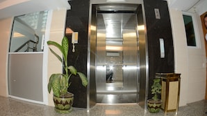 Un ascensor con detalles metálicos, una planta en maceta y una pequeña mesa con otra planta.