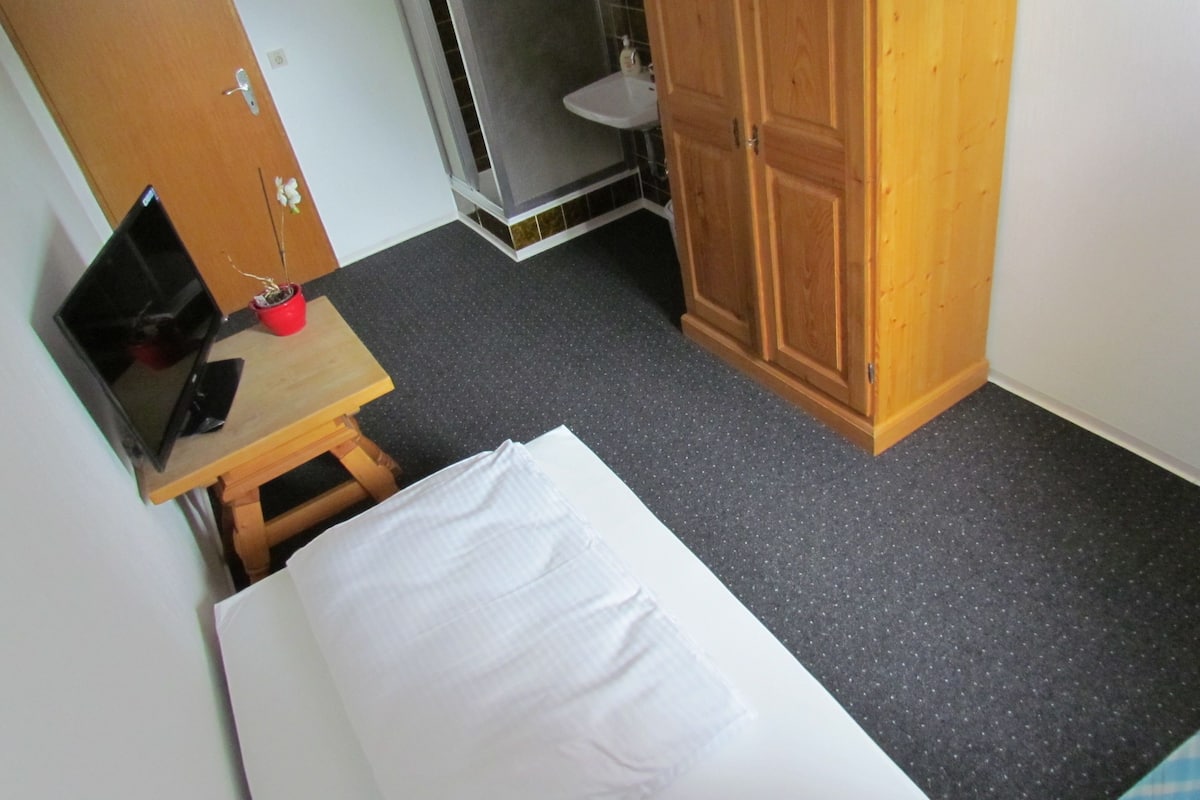 Une petite pièce compacte comprenant un lit, un bureau avec un ordinateur portable, une armoire en bois et un espace douche.