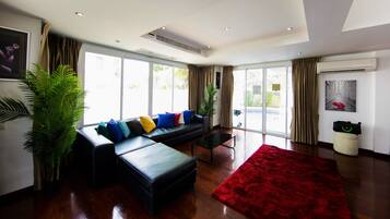 Family Villa, 6 Bedrooms, Private Pool, Pool View | Living area | Flat-screen TV, DVD player