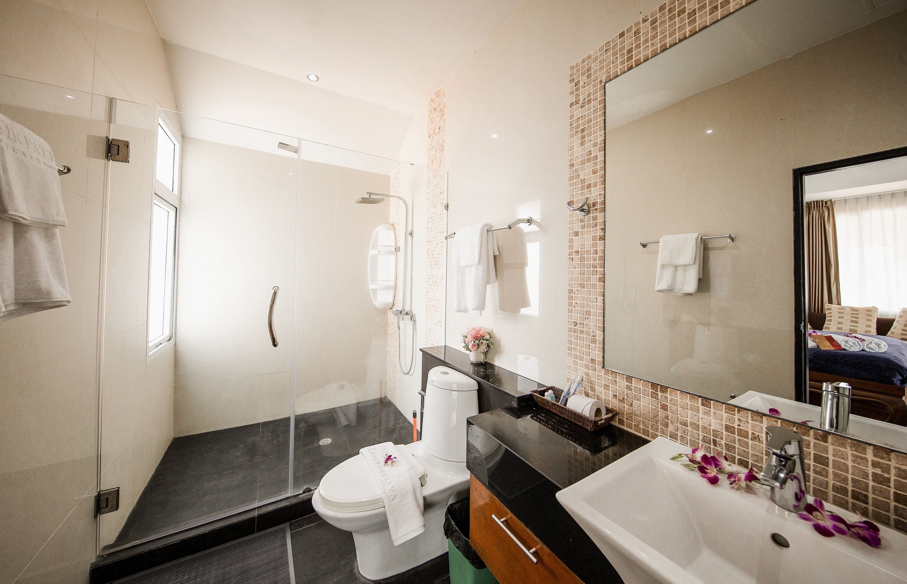 A modern bathroom with a glass-enclosed shower, a toilet, a sink, and a large mirror.