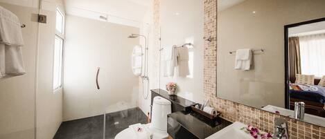 A modern bathroom with a glass-enclosed shower, a toilet, a sink, and a large mirror.