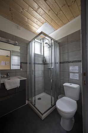 Ein modernes Badezimmer mit einer gläsernen Duschkabine, einer weißen Toilette und einem Waschbecken mit Spiegel.