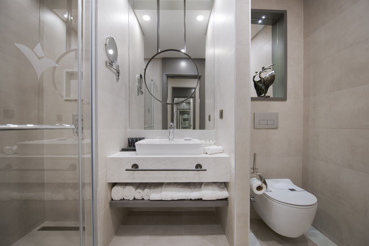Une salle de bain moderne avec une douche à parois de verre, un lavabo blanc avec un miroir et des toilettes.