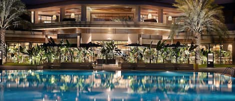 Indoor pool, outdoor pool, pool umbrellas, sun loungers