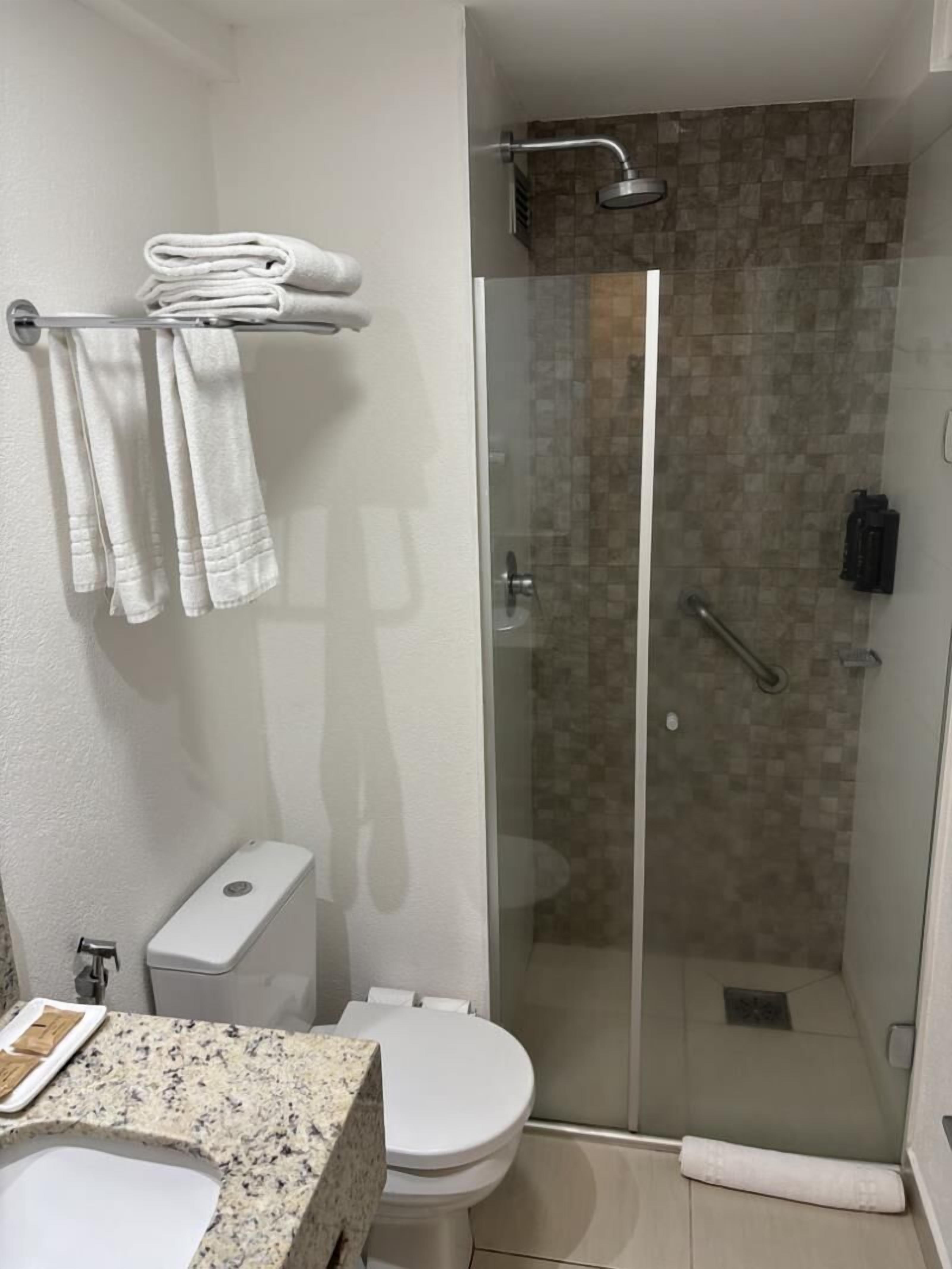 Et moderne badeværelse med en brusekabine i glas, toilet og håndvask med granitbordplade.