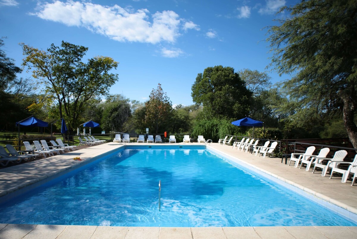 Una piscina cubierta, una piscina al aire libre de temporada, sombrillas