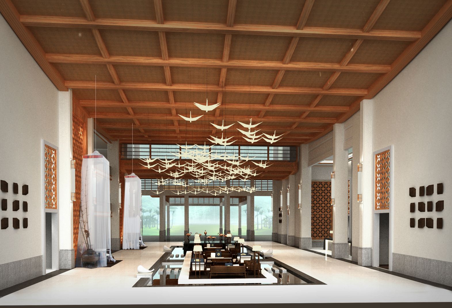 A spacious lobby with a high ceiling, wooden beams, and a central chandelier.