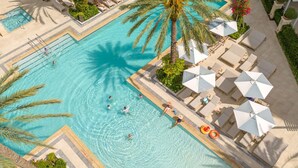 Vista aérea de una piscina con agua cristalina, rodeada de sillas de descanso y sombrillas, además de palmeras.