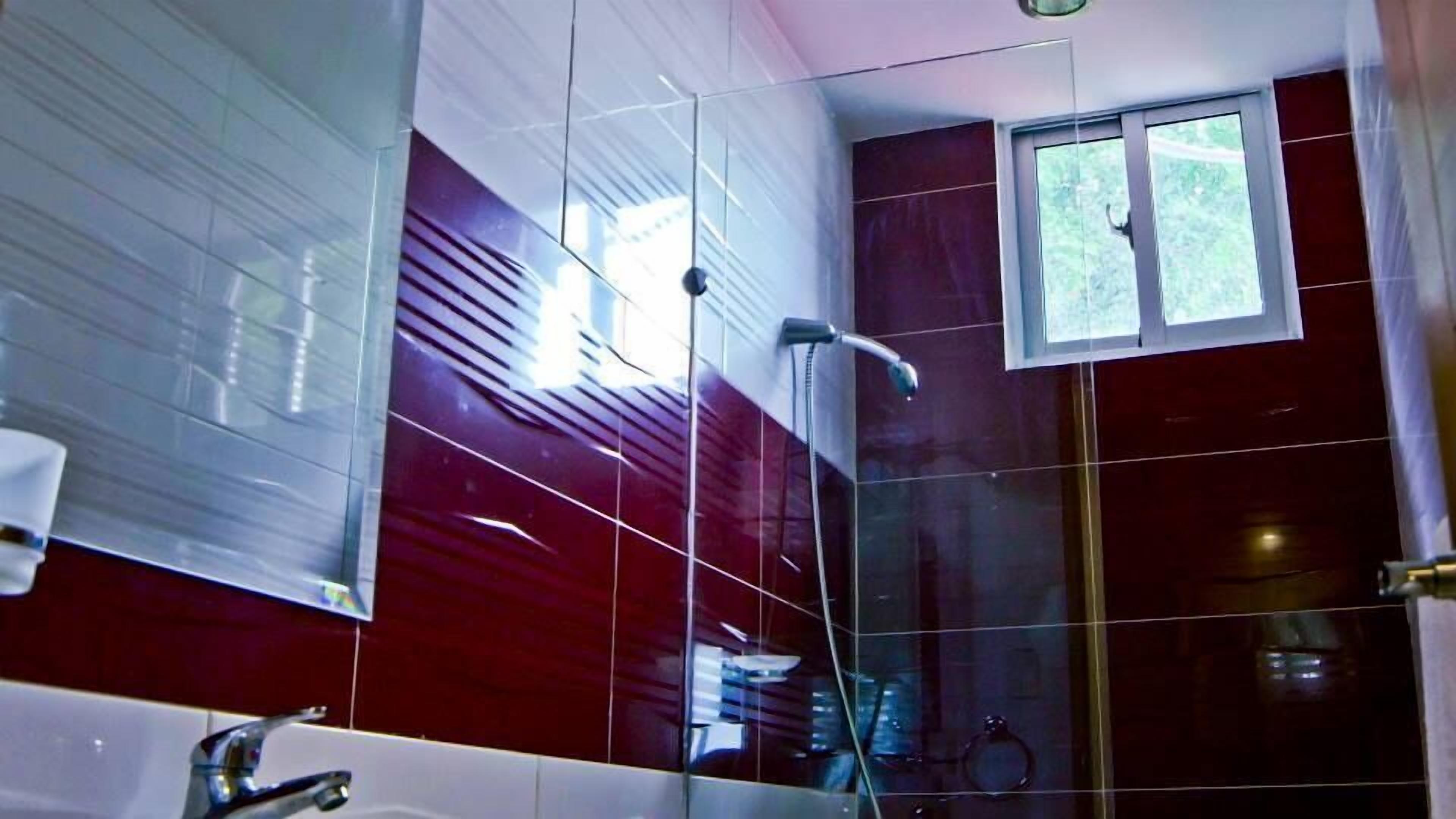 combined shower/bathtub, bathrobes, towels, soap