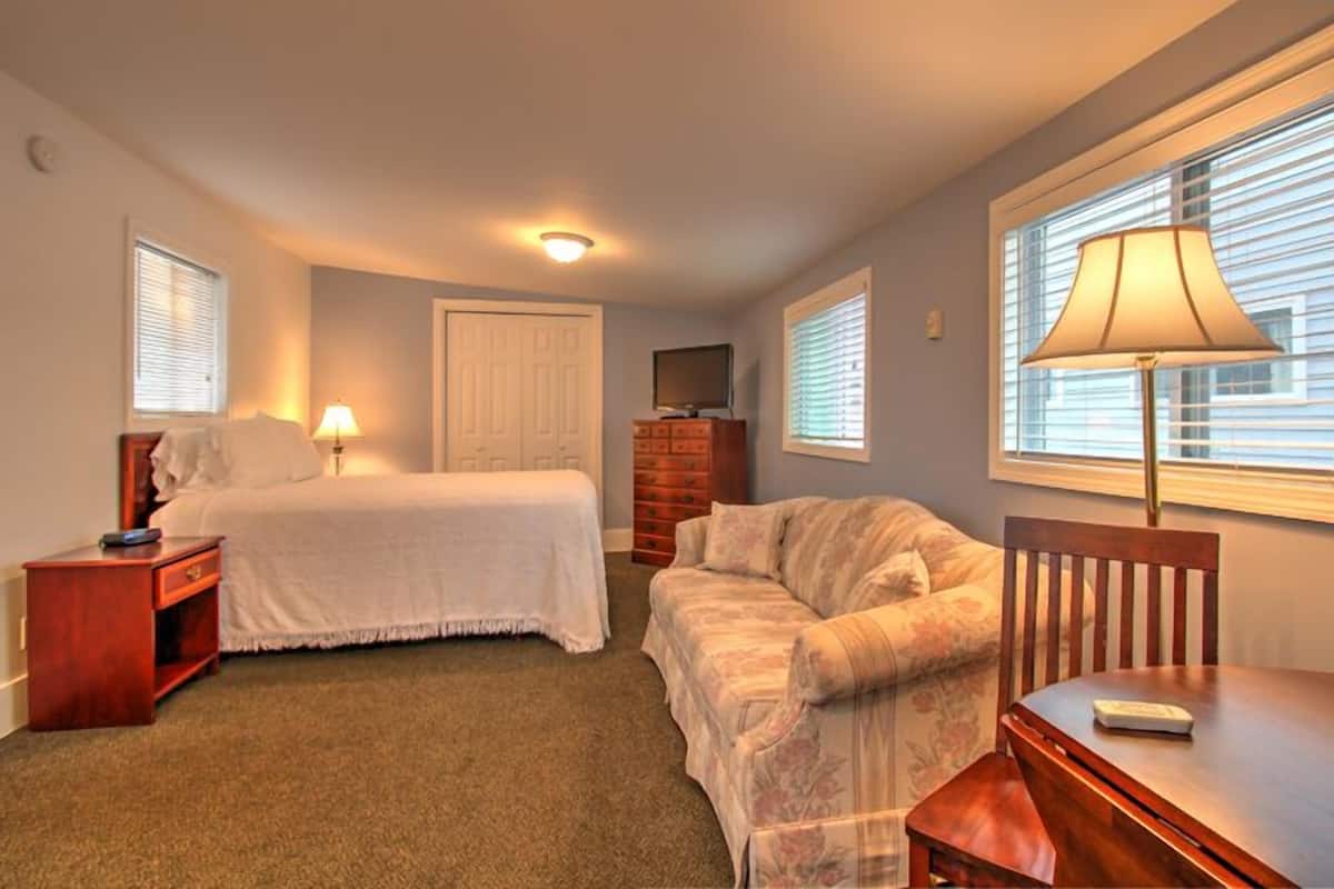 A bedroom with a bed, a nightstand, a dresser, a TV, a couch, and a window with blinds.
