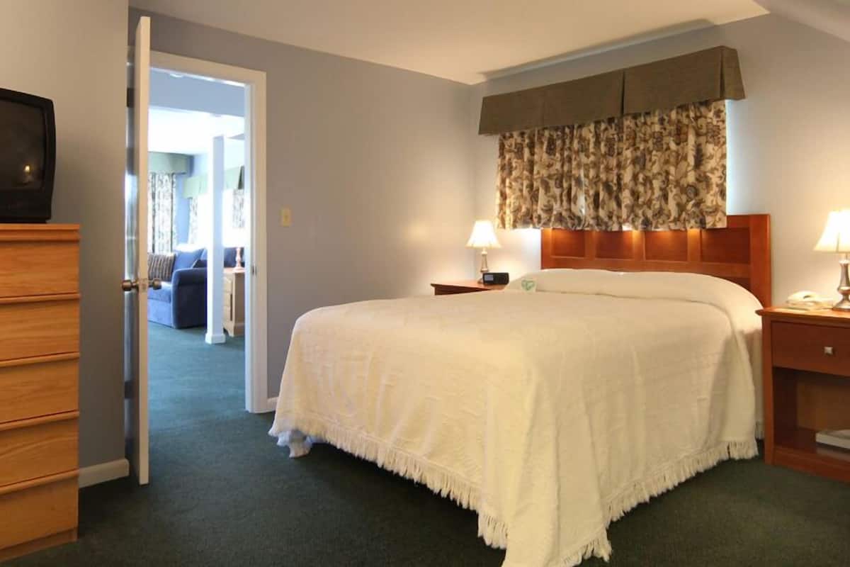 A hotel room with a large bed, a television on a dresser, two bedside lamps, and a view into the adjacent living area.