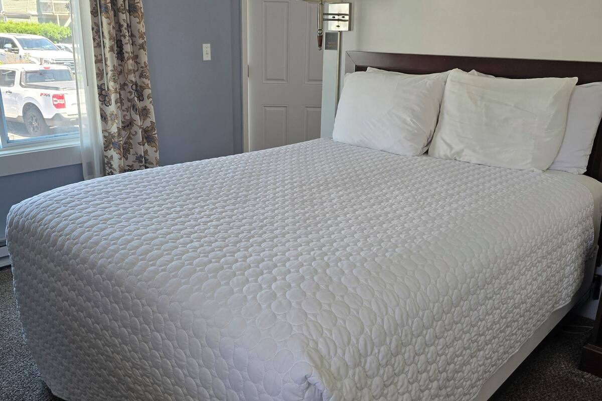 A hotel room with a large bed, a window with curtains, a door, and a nightstand with a lamp.