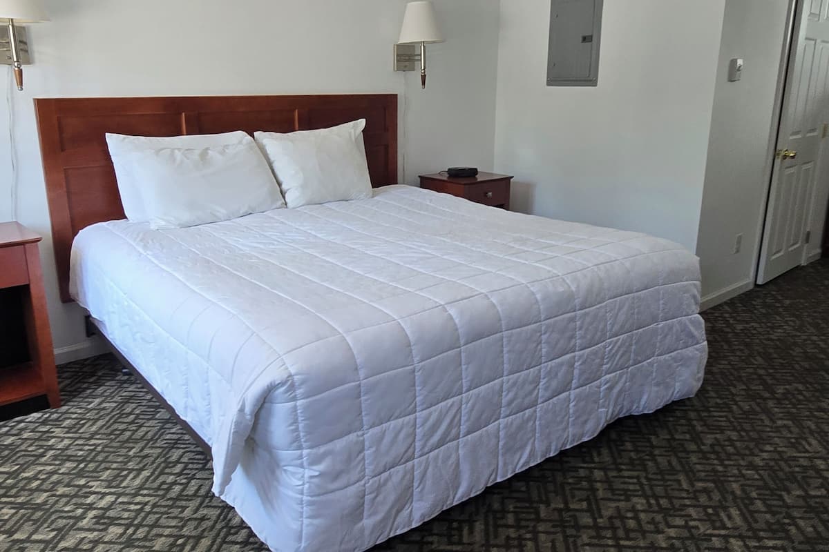 A hotel room with a large bed, a wooden headboard, a nightstand, a lamp, a wall-mounted light, a door, and a patterned carpet.