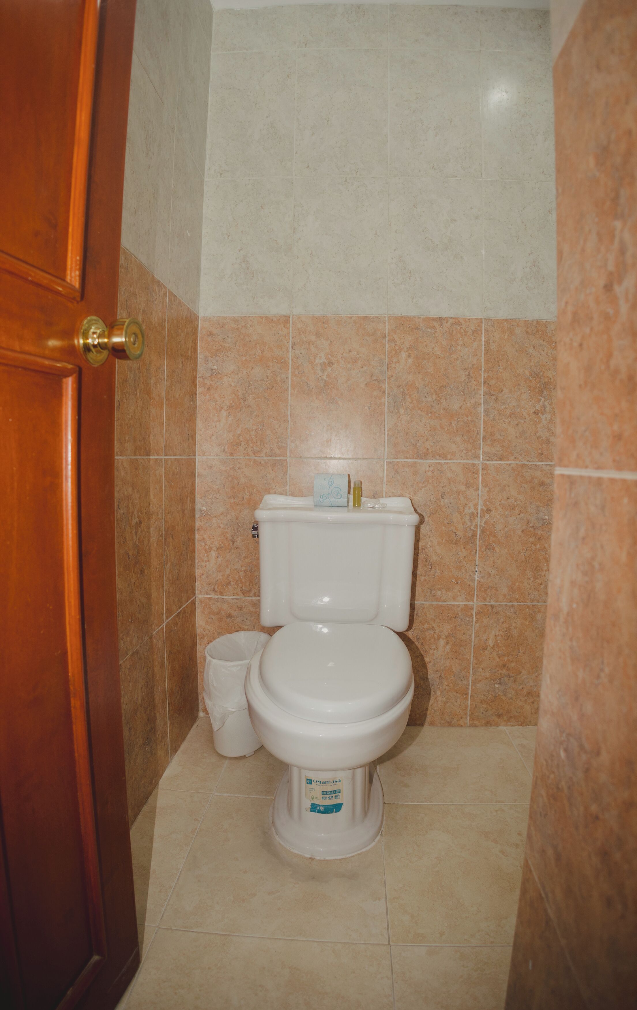 A bathroom with a toilet, a roll of toilet paper, and a trash bin.