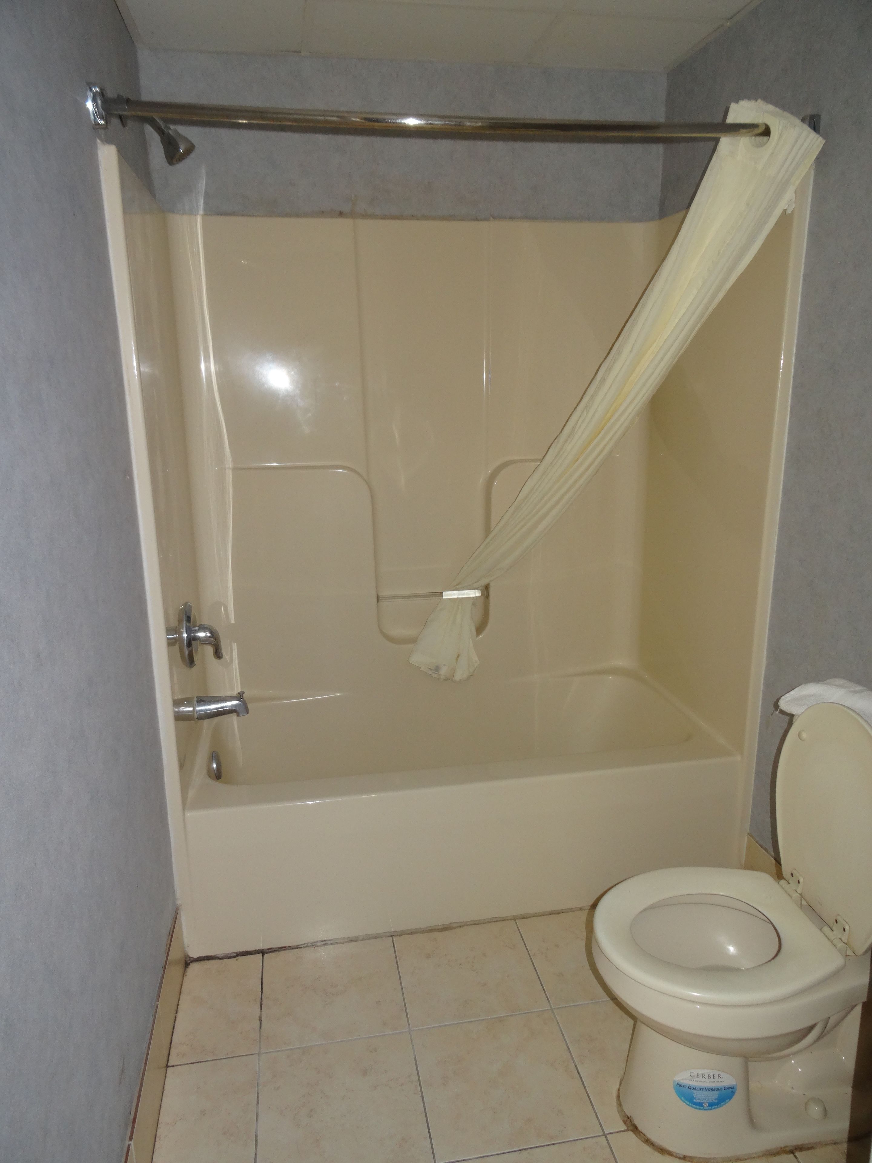 A bathroom with a bathtub, toilet, and shower curtain.