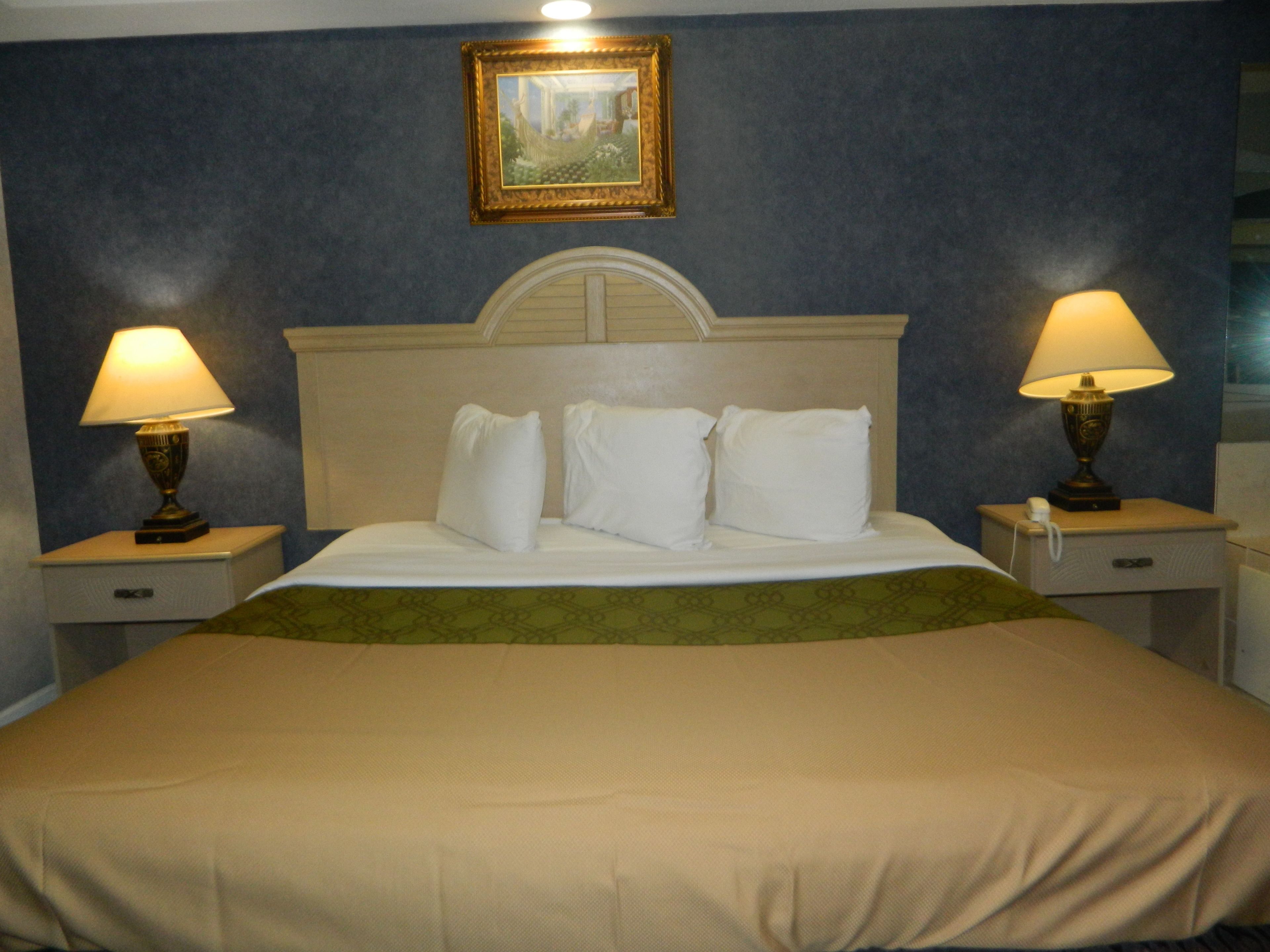 A neatly made bed with white linens and pillows, two bedside lamps, a framed picture above the headboard, and a green throw blanket.