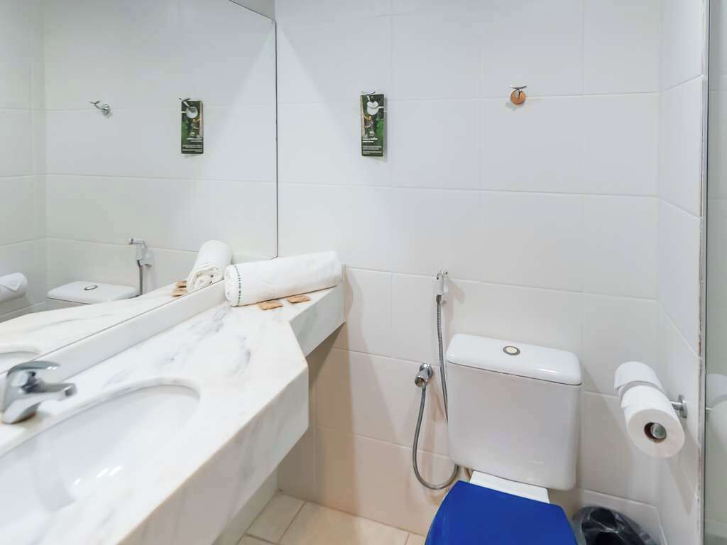 A bathroom with a white sink, a toilet, and a shower. There are two posters on the wall.