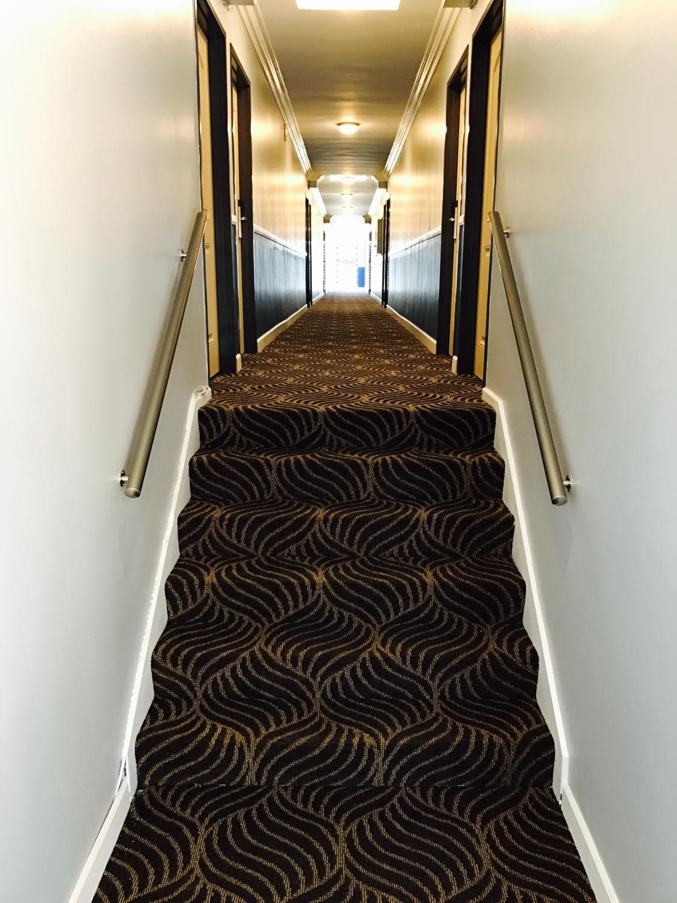 A carpeted hallway with a patterned carpet, white walls, and a light fixture on the ceiling.