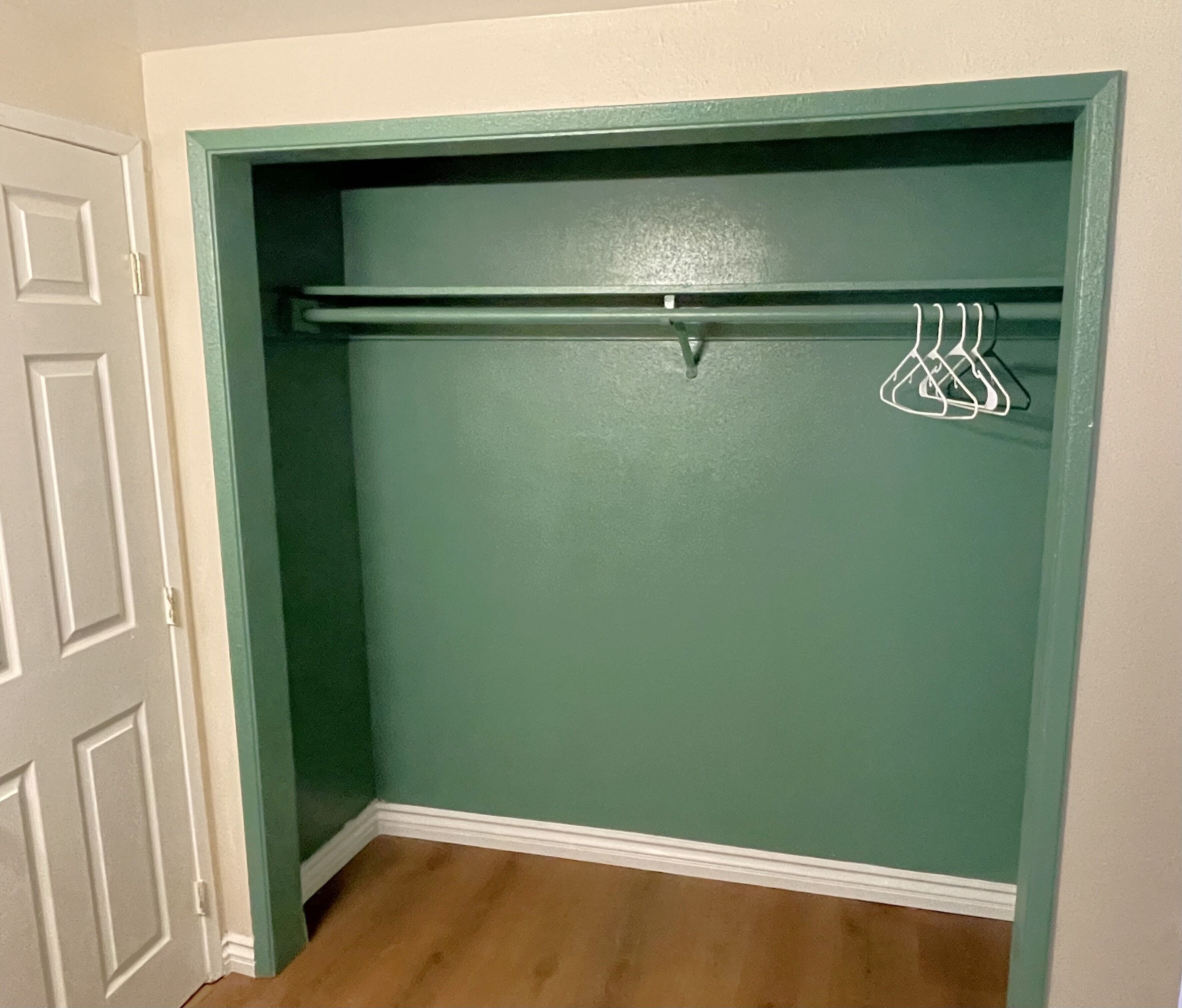 Un armario con paredes verde azulado, suelo de madera y puerta blanca.