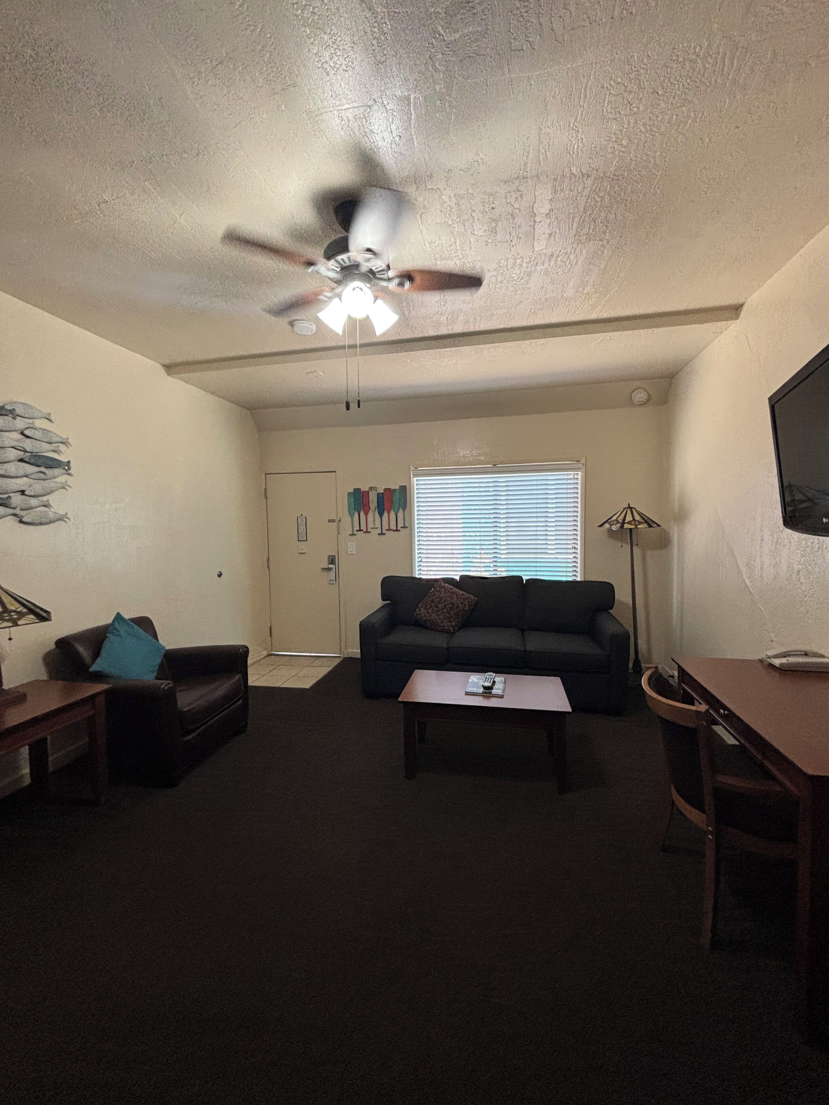 A living room with a ceiling fan, a couch, a coffee table, and a TV.