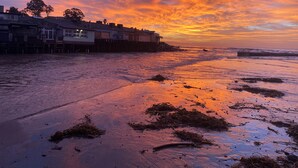Un paysage côtier avec des bâtiments le long de la rive, une plage de sable et un coucher de soleil.