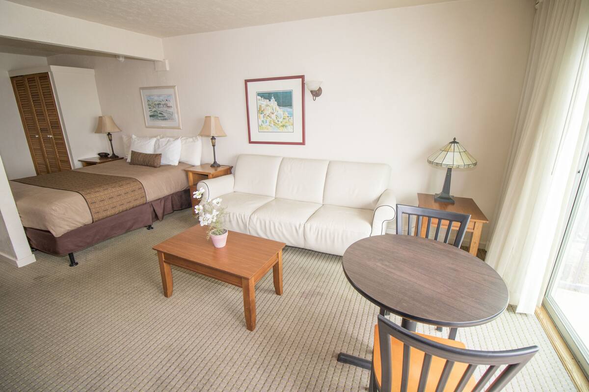 A hotel room with a bed, a sofa, a small table, and a dining table with chairs.