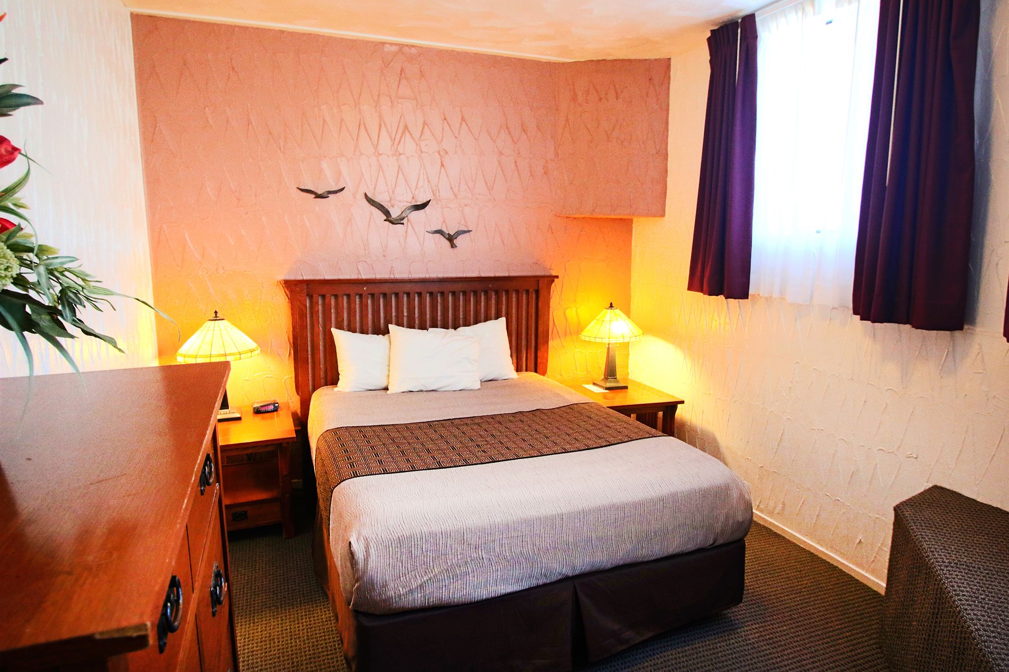 A hotel room with a double bed, two bedside lamps, a wooden nightstand, a wooden dresser, and a potted plant.