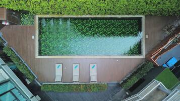Vista aérea de una piscina en la azotea rodeada de una terraza de madera, un seto verde arriba y algunas sillas de descanso al borde de la piscina.