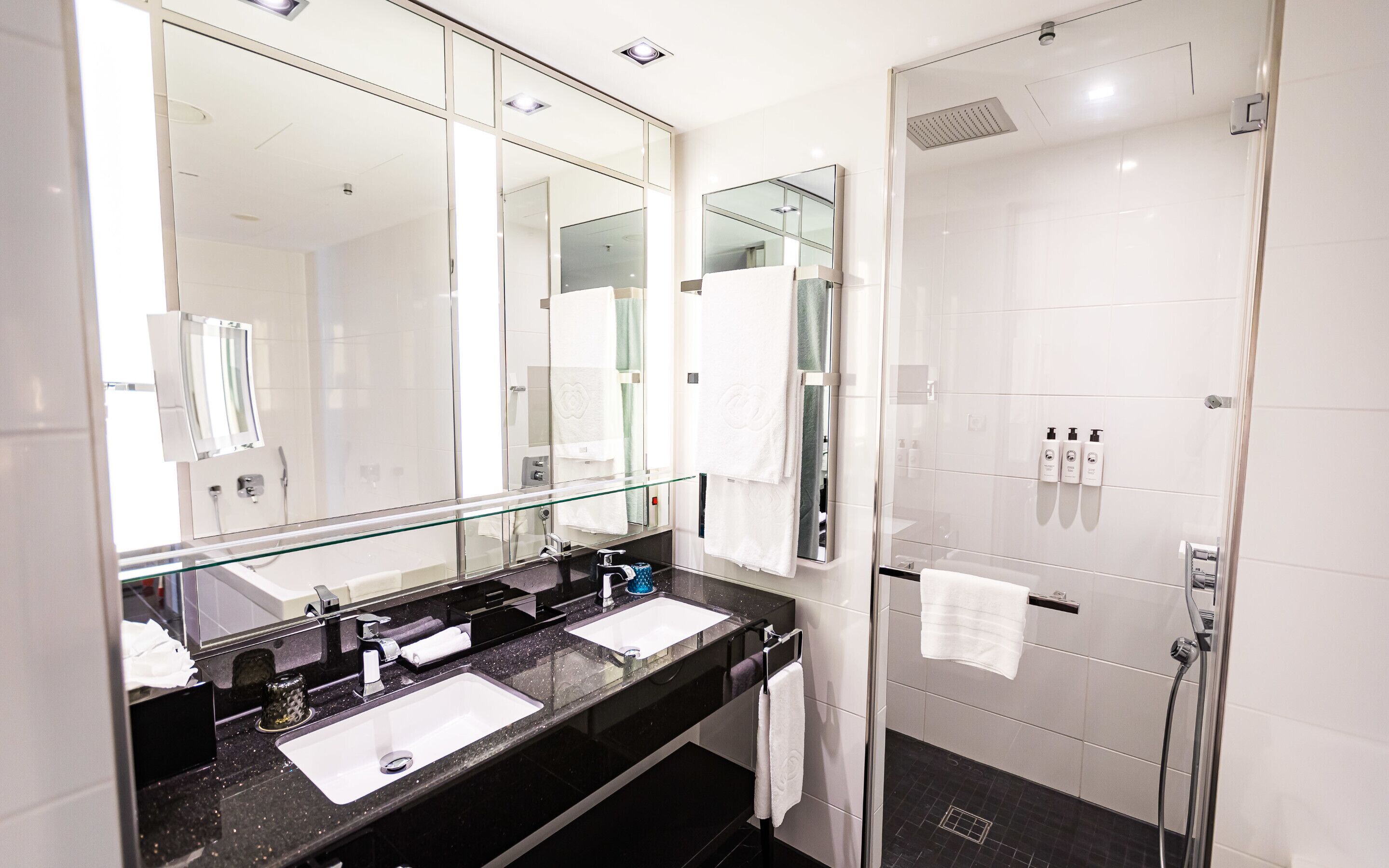 A modern bathroom with a glass shower enclosure, a double sink vanity, and a large mirror.
