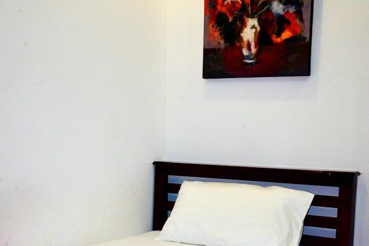 A single bed with a red bedspread and white pillow, a white wall, and a painting above the bed.