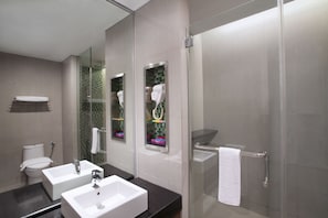 Shower, eco-friendly toiletries, hair dryer, slippers