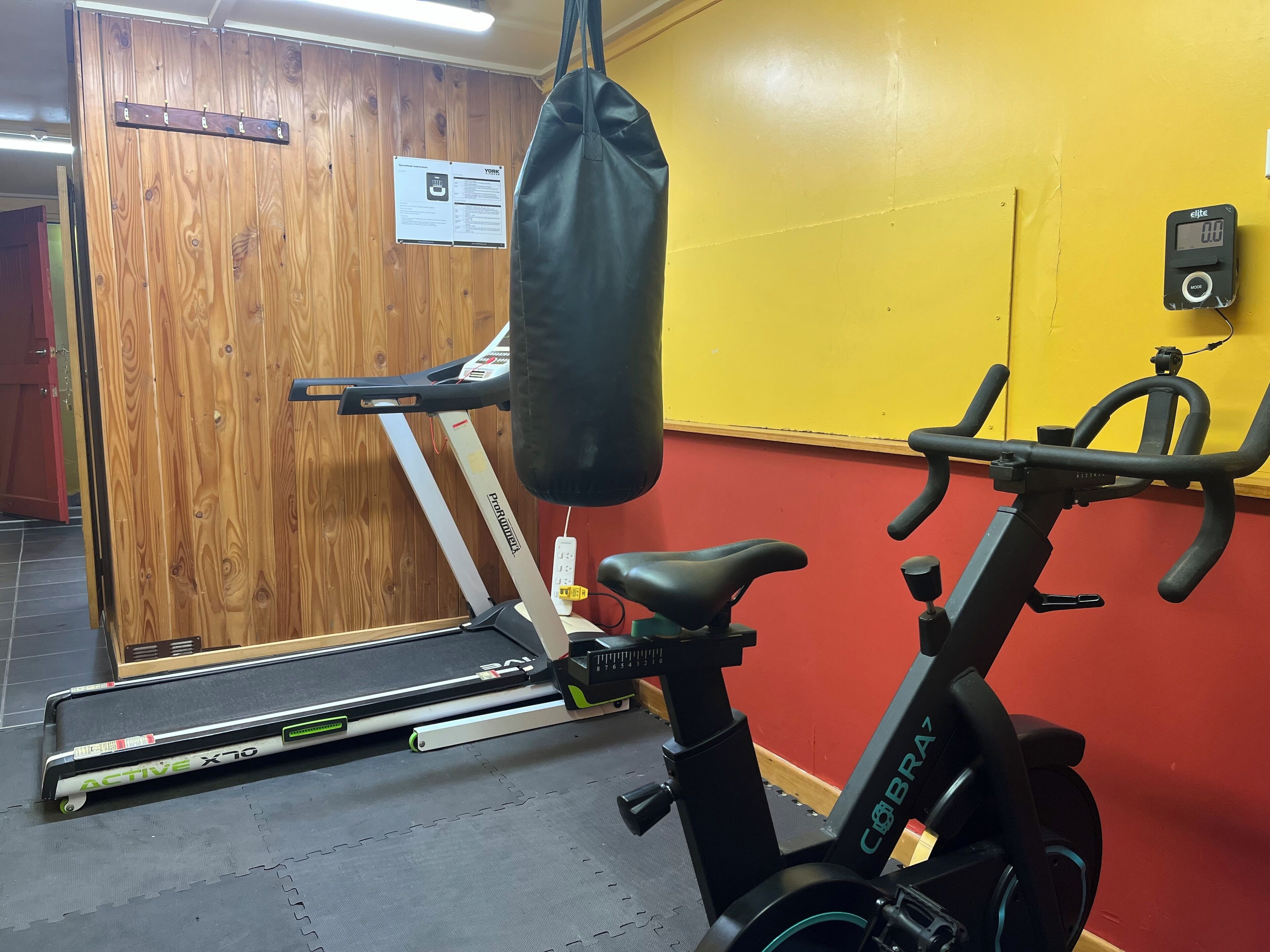 Une salle de sport équipée d’un vélo d’appartement, d’un sac de frappe et d’un tapis de course.