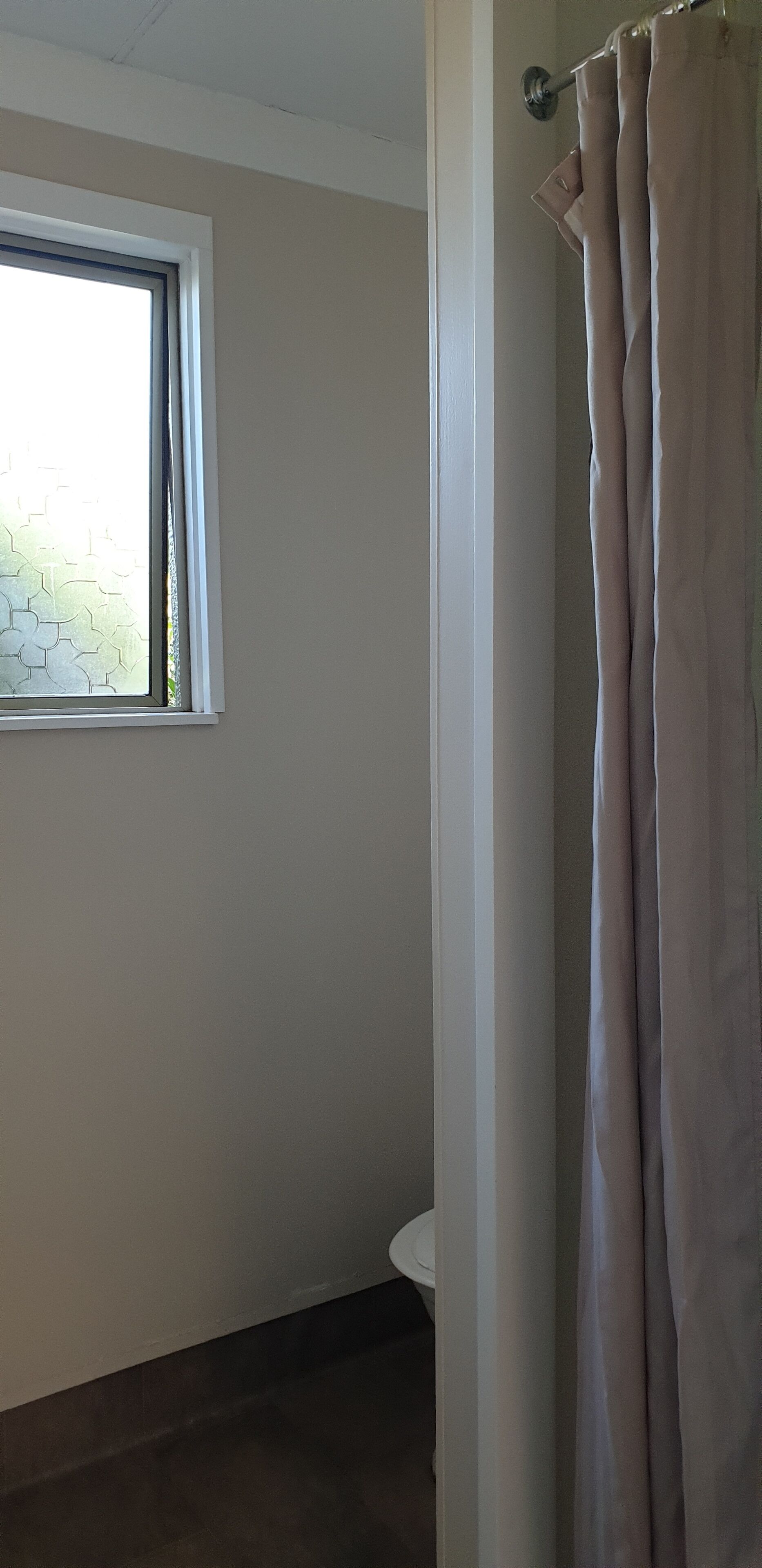 A bathroom with a window, a shower curtain, and a toilet.
