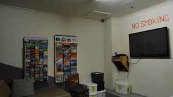 A room with a couch, posters on the wall, a TV, and storage bins.