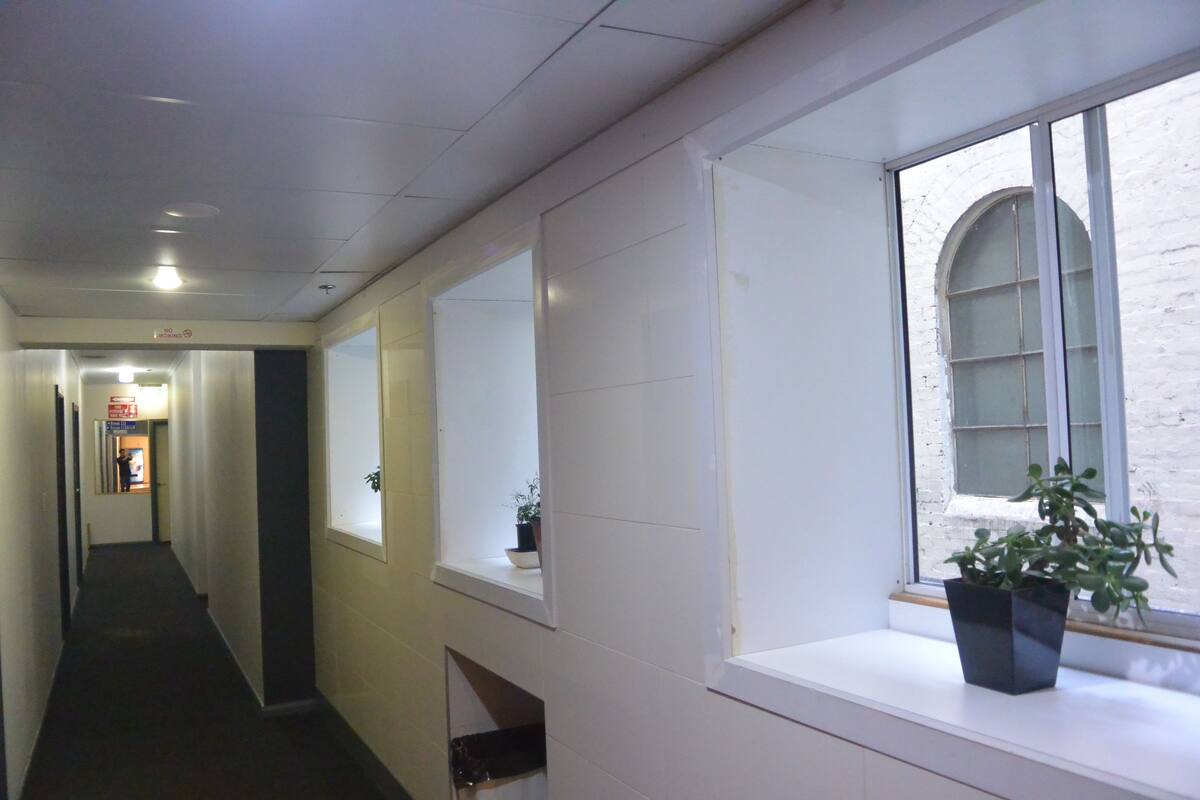 Un couloir avec un pot de plante sur un rebord de fenêtre, une porte avec une pancarte et un mur de briques visible à travers la fenêtre.