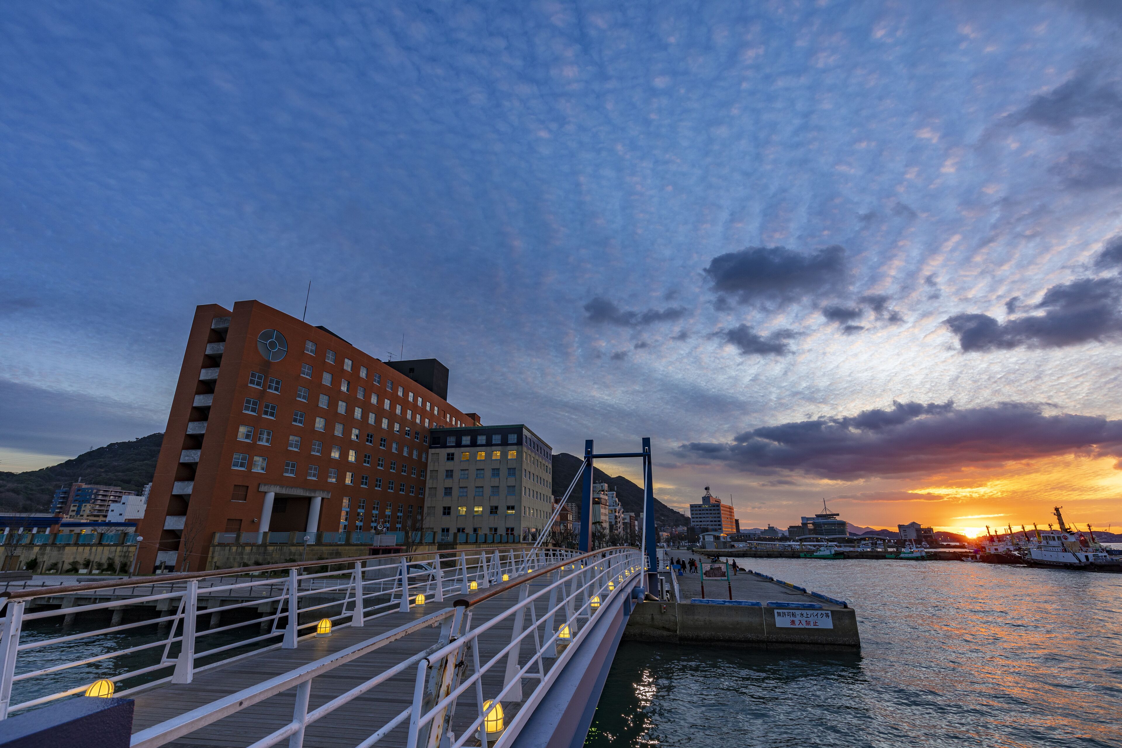 A bridge with railings and street lamps, a body of water, and buildings in the background.