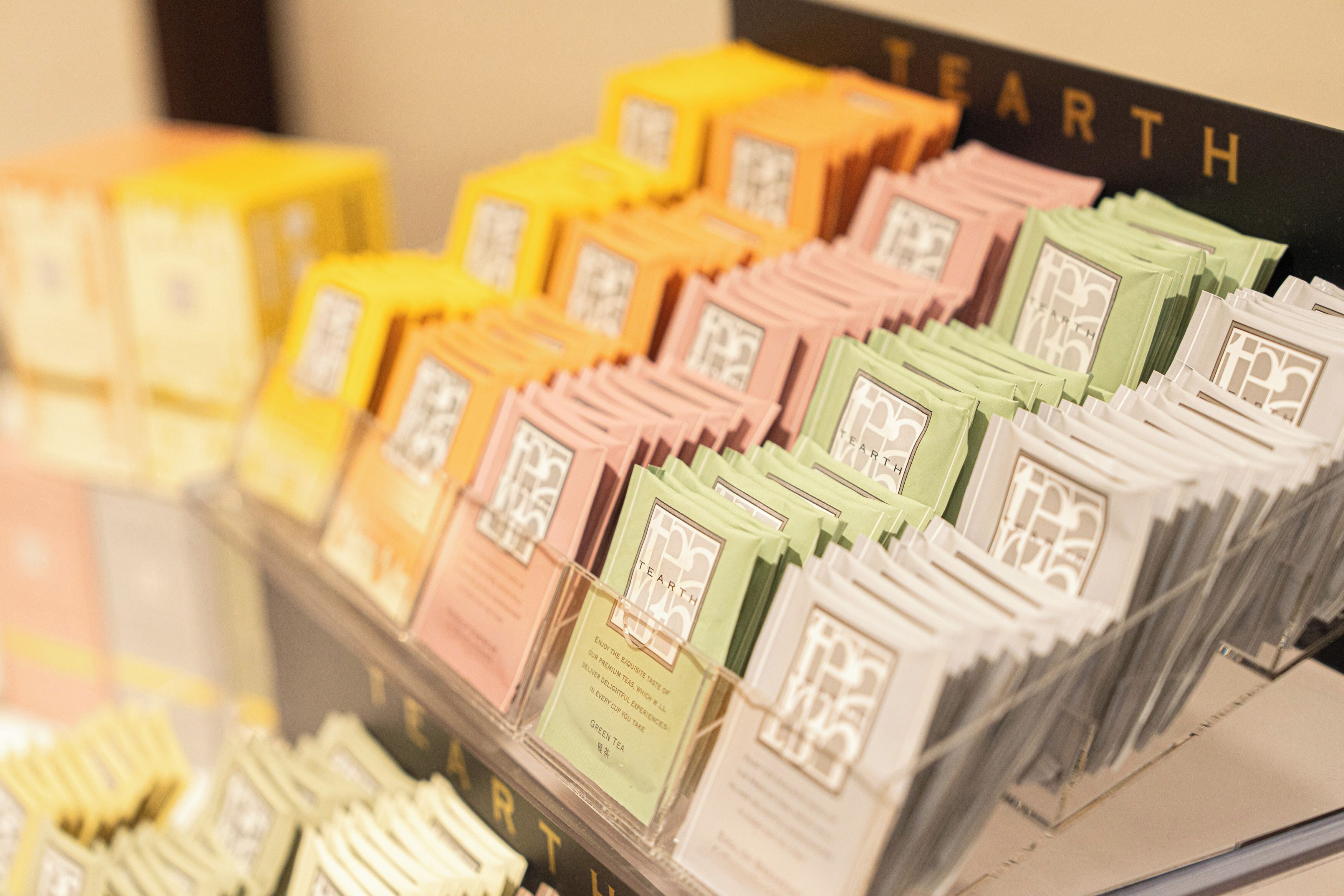 A display of tea bags in various colors.