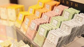A display of tea bags in various colors.