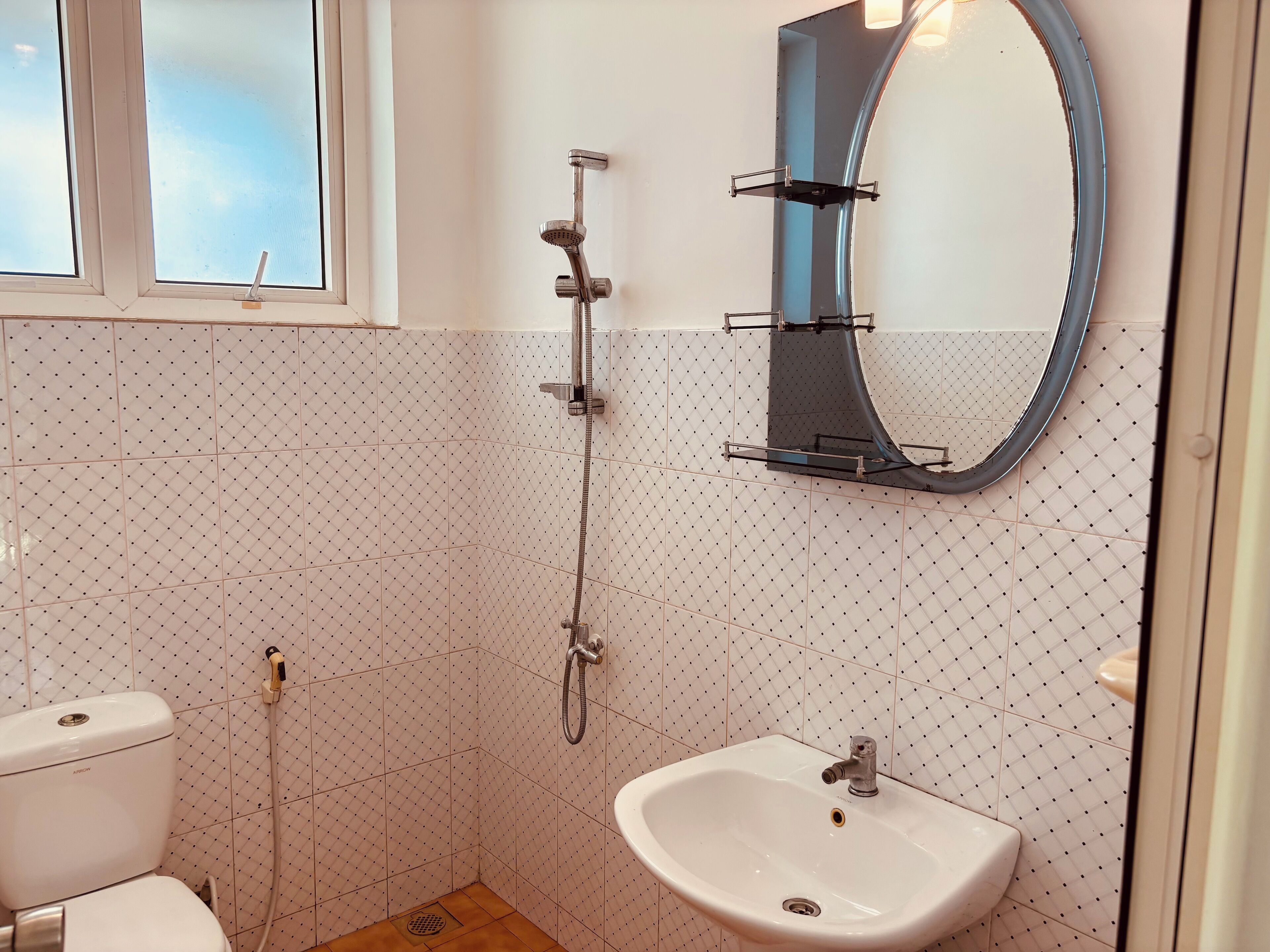 Een badkamer met toilet, wastafel, douche en spiegel.