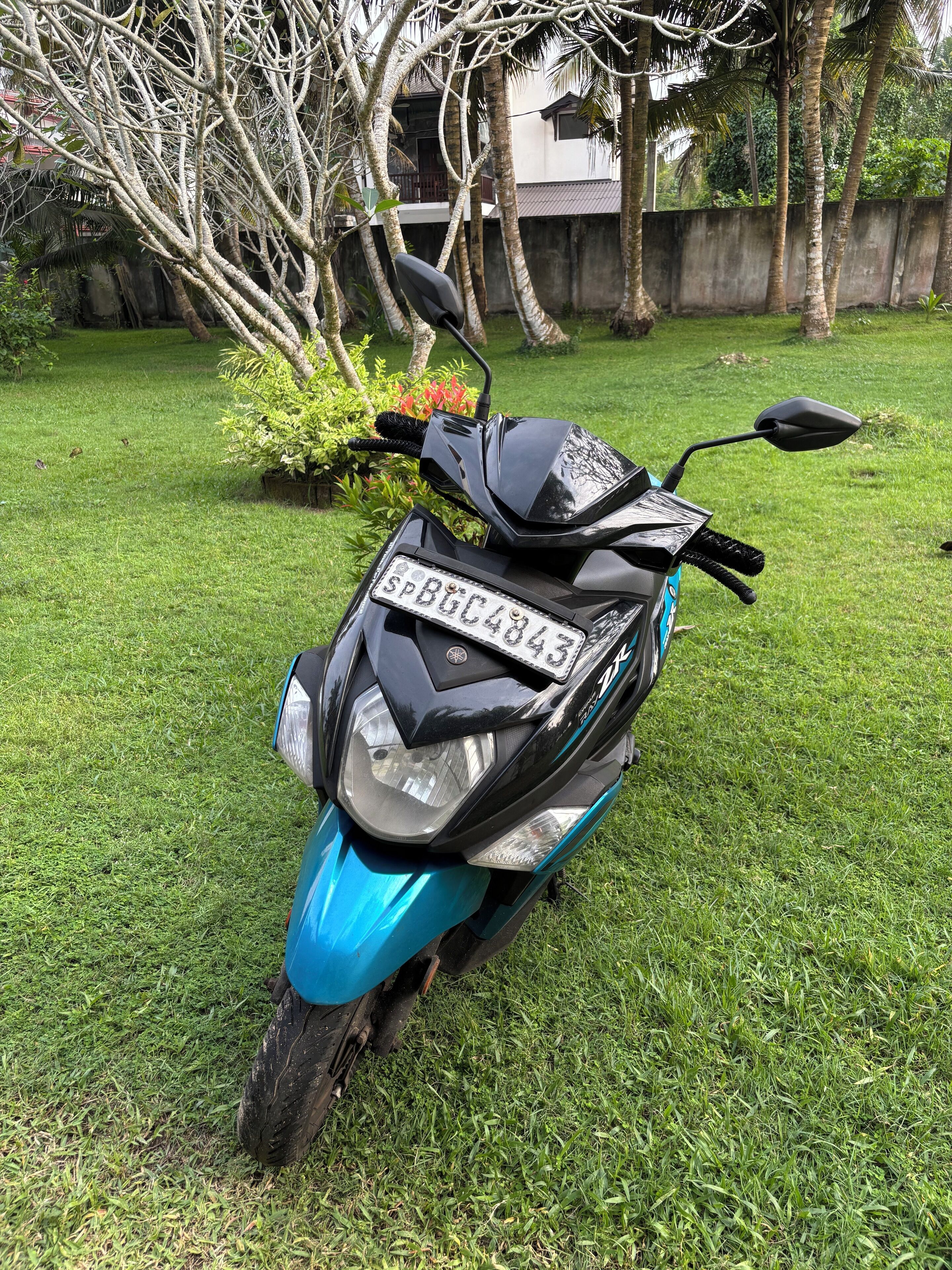 A blue scooter parked on a grassy lawn with a license plate, surrounded by trees and a building in the background.