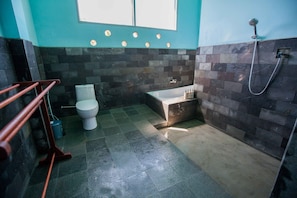Shower, free toiletries, hair dryer, towels