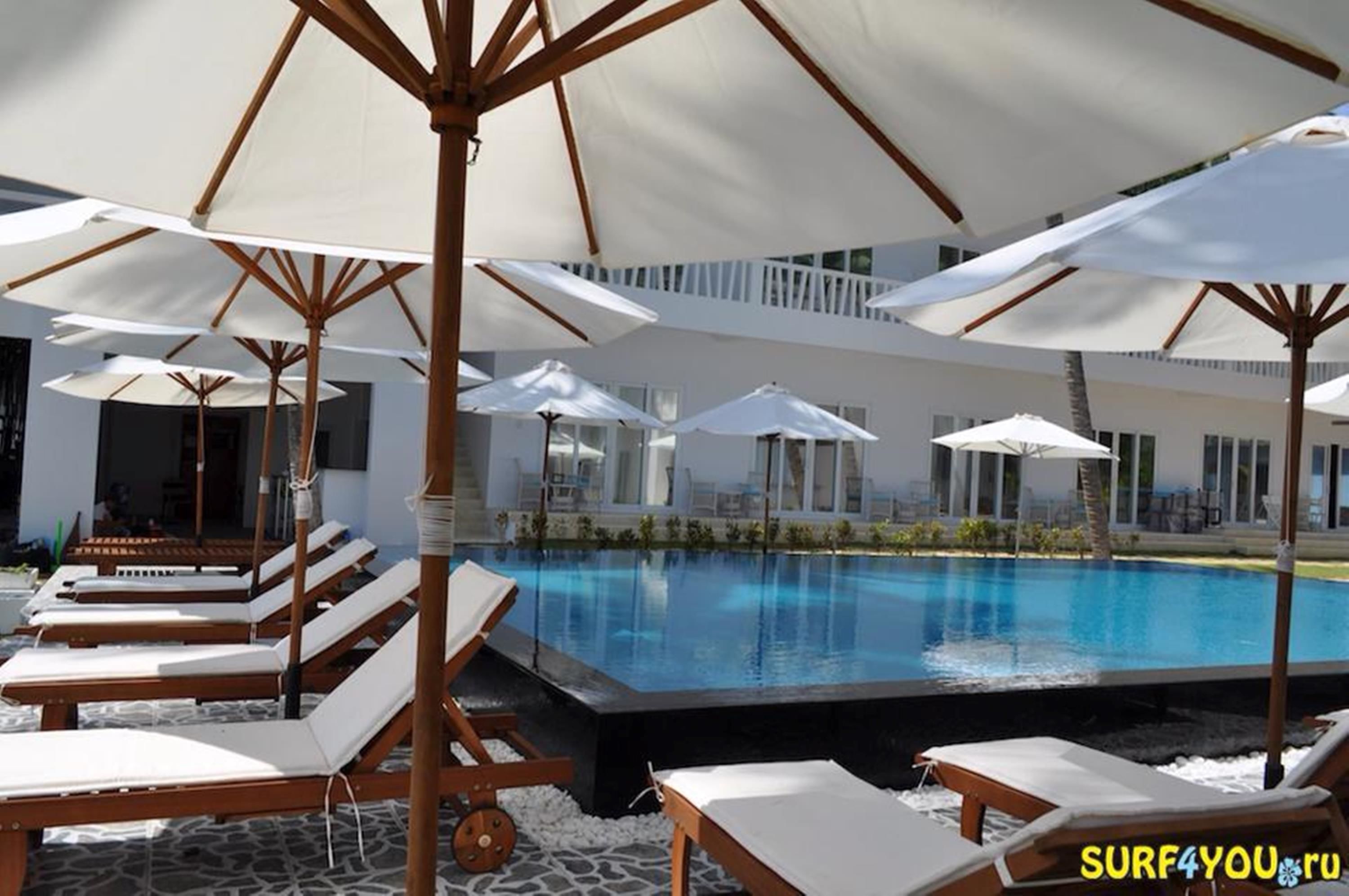 A poolside area with sun loungers and umbrellas, a clear blue pool, and a building in the background.