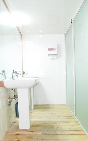 A bathroom with a white sink, a mirror, and a toilet. There is a wooden floor and a green wall. - Amuse Guest House - Hostel (Seoul)