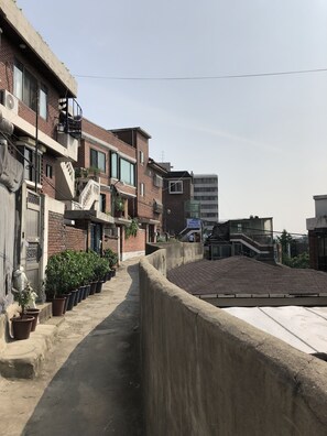A residential building with multiple floors, a concrete pathway, and potted plants along the side. - Amuse Guest House - Hostel (Seoul)