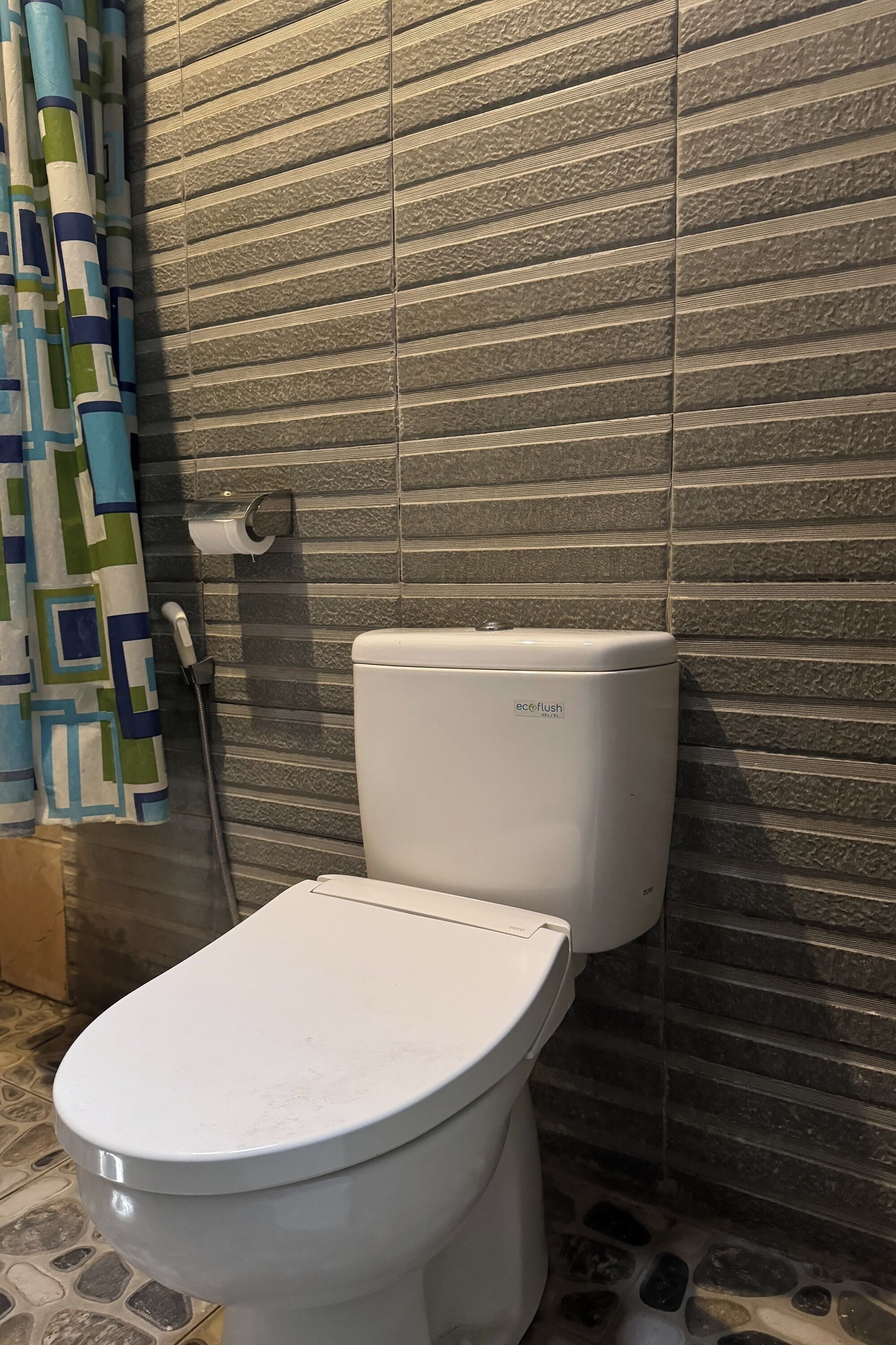 A toilet with a white seat and tank, a showerhead, and a roll of toilet paper on the wall.